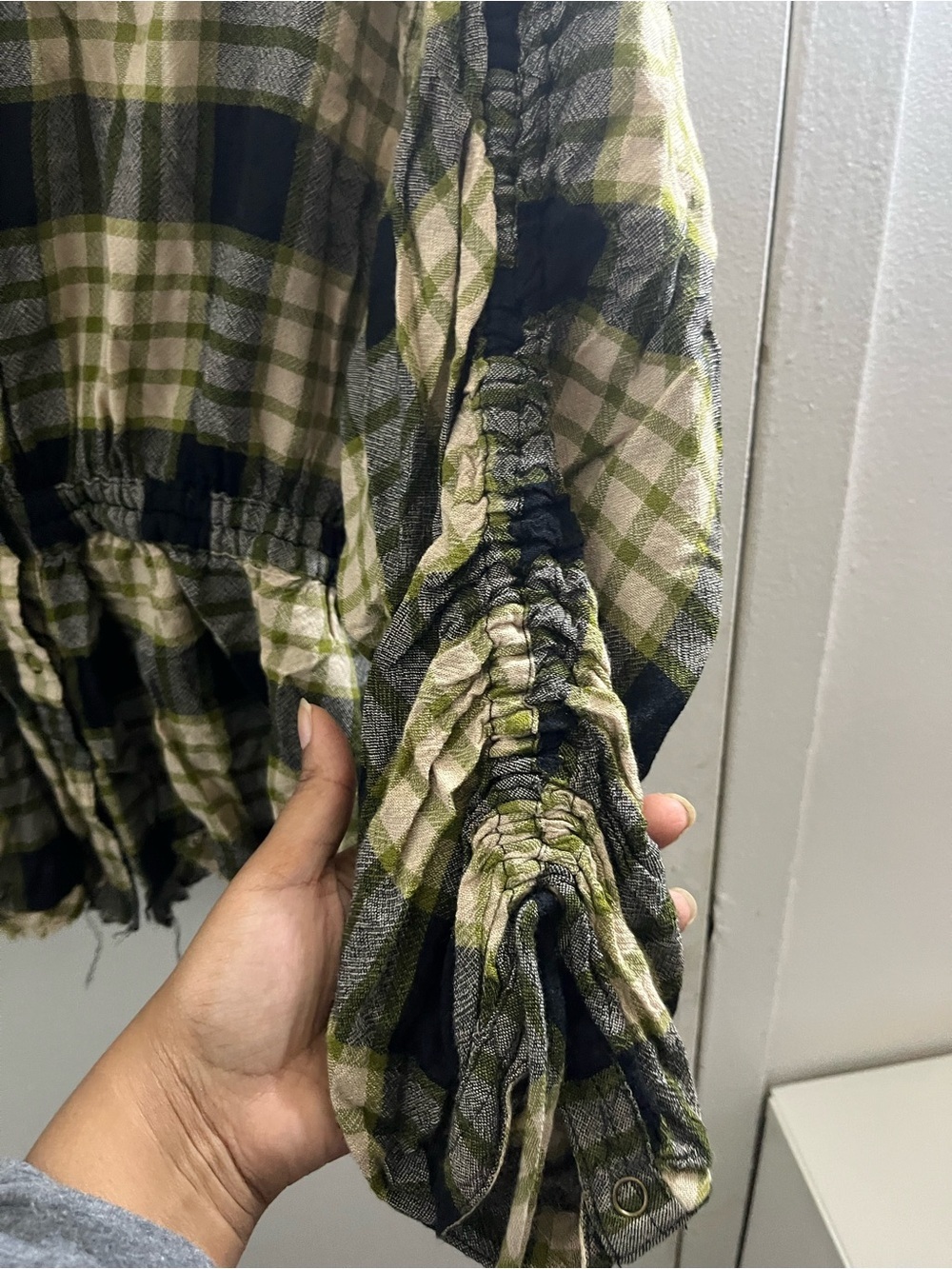 We The Free Green Black Plaid Drawstring-Waist Button-Front Top - Picture 4 of 6